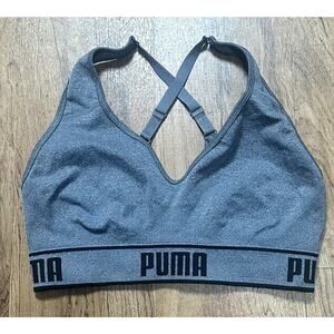 Puma Women’s Sports Bra Grey Nylon Logo Pit To Pit 15” Stretch Missing Tag